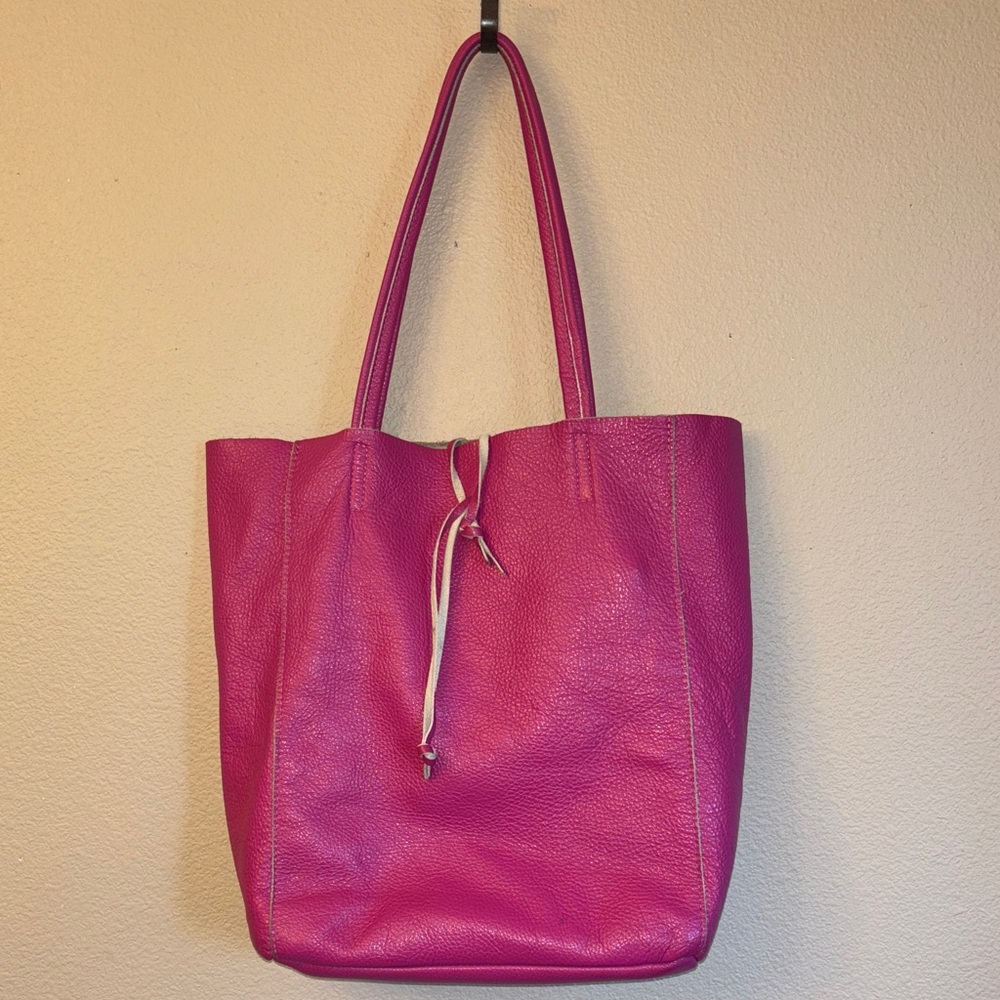 Bright Pink Pebbled Full-Grain Leather Tote Shoulder Bag Large